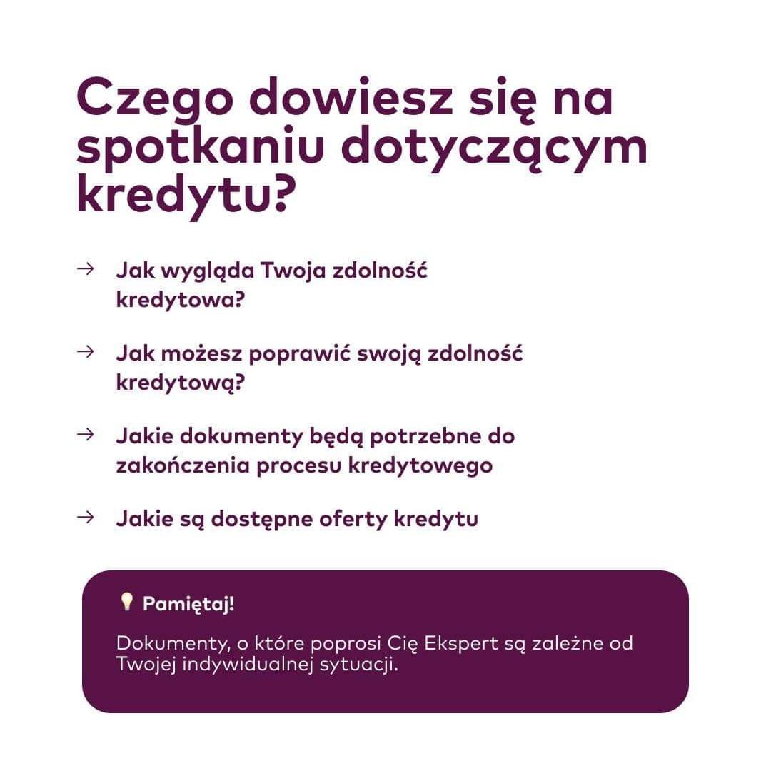 Grafika informacyjna z pytaniami dotyczącymi zdolności kredytowej, wymaganych dokumentów i dostępnych ofert, prezentowana na białym tle z fioletowymi akcentami.