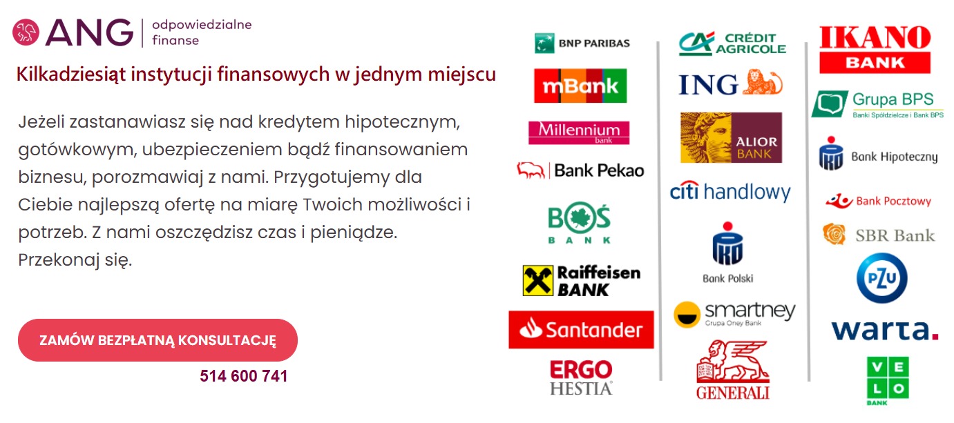 ANG odpowiedzialne finanse: Oferta kredytów hipotecznych, gotówkowych, ubezpieczeń i finansowania biznesu. Logo firmy oraz logotypy wielu banków i instytucji finansowych, w tym BNP Paribas, mBank...