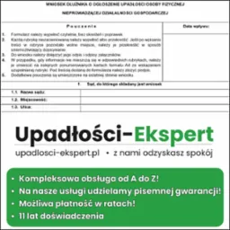 Fragment wniosku o ogłoszenie upadłości osoby fizycznej, z logo firmy Upadłości-Ekspert, oferującej kompleksową obsługę, pisemną gwarancję i płatność w ratach, z 11-letnim doświadczeniem.