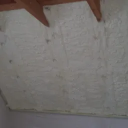 Poddasze ocieplone białą pianką PUR, widoczne drewniane krokwie i folia ochronna na ścianach.