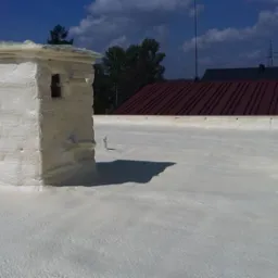 Dwa kominy na dachu pokrytym białą, grubą warstwą izolacji natryskowej, widoczne budynki w tle i błękitne niebo z chmurami.