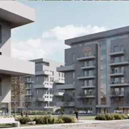 Wizualizacja osiedla budynków wielorodzinnych z szarej cegły z białymi balkonami i elementami architektonicznymi, otoczonych zielenią i spacerującymi ludźmi.