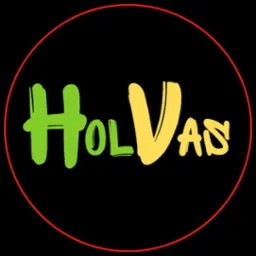 Grafika logotypu 'Holvas' z zielonym 'Hol' i żółtym 'Vas' na czarnym tle, obrysowana cienką czerwoną linią tworzącą okrąg.