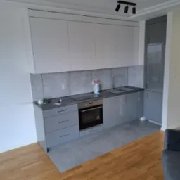 Nowoczesna kuchnia w odcieniach szarości i bieli z drewnianą podłogą; widoczne szafki górne i dolne, płyta indukcyjna, piekarnik oraz akcesoria na blacie.