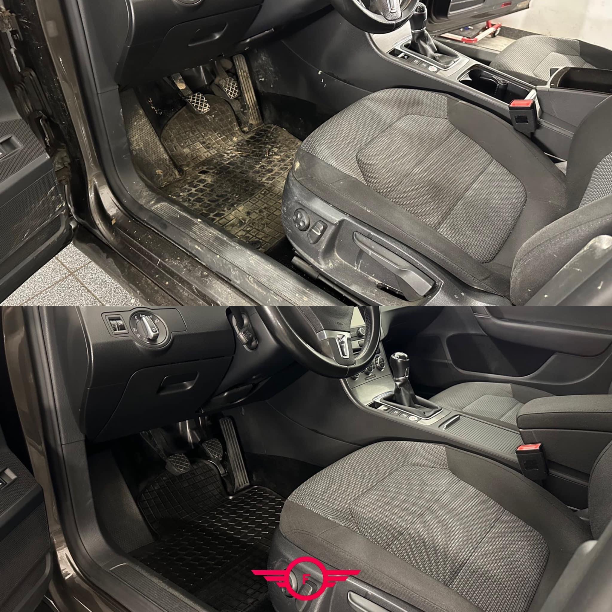 Porównanie wnętrza samochodu przed i po czyszczeniu: brudna gumowa wycieraczka i zabrudzony fotel kierowcy kontra czysta wycieraczka i odświeżony fotel z widocznymi detalami tapicerki.