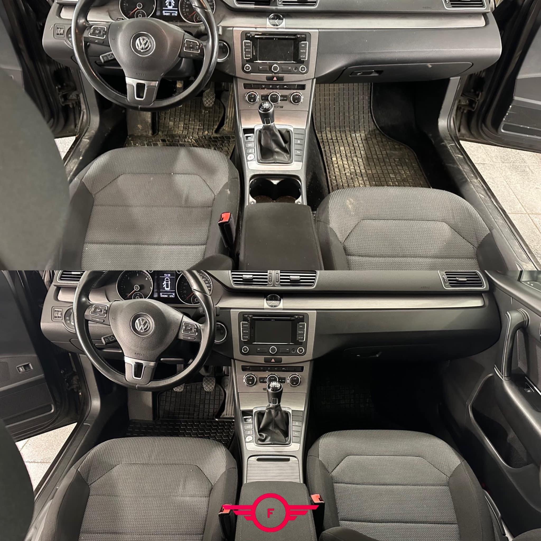 Porównanie wnętrza Volkswagena Passata przed i po czyszczeniu: widoczne różnice w czystości tapicerki, dywaników i konsoli środkowej.