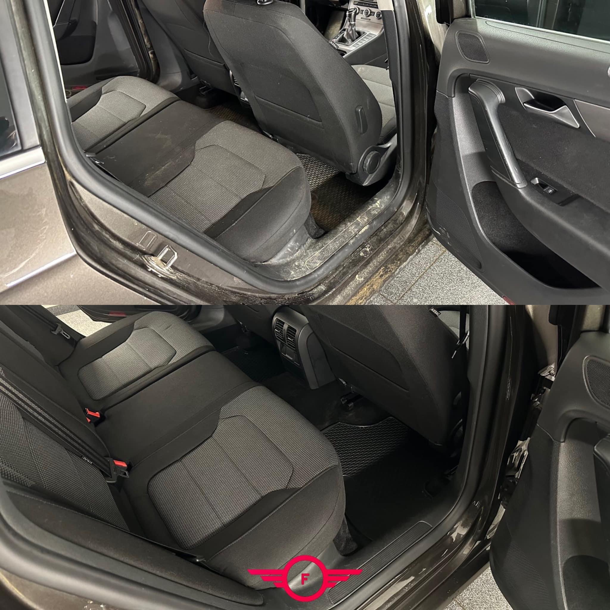 Porównanie wnętrza samochodu przed i po czyszczeniu: widoczne różnice w czystości tapicerki siedzeń, progów i boczków drzwi.