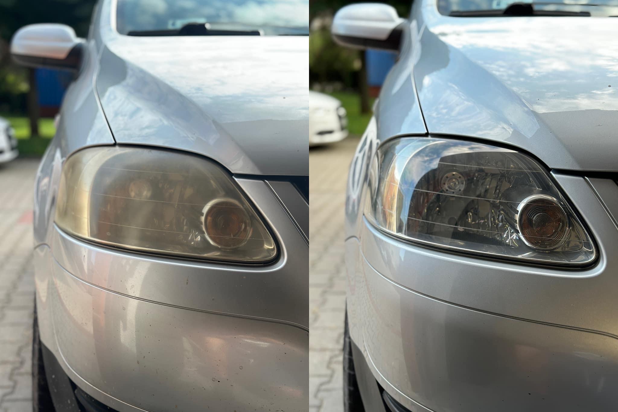 Reflektor samochodu przed i po renowacji w Łodzi. Po lewej stronie widoczny zmatowiały, zaniedbany reflektor, po prawej - odnowiony, lśniący reflektor tego samego pojazdu.