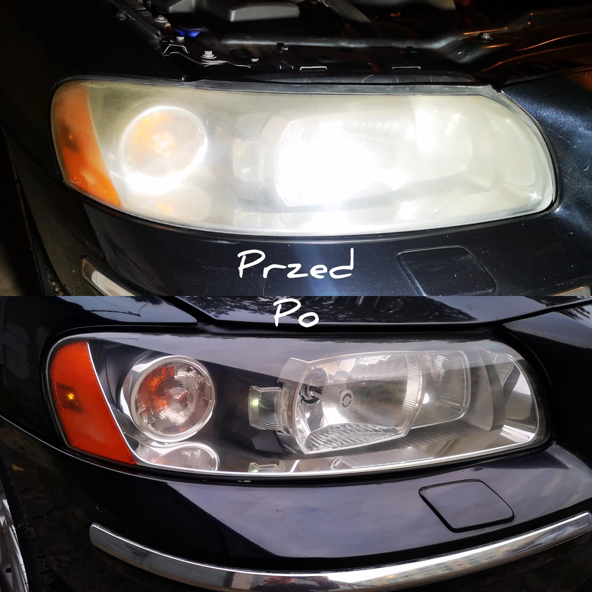 Reflektor samochodowy przed i po renowacji, widoczne wyraźne różnice w przejrzystości klosza.