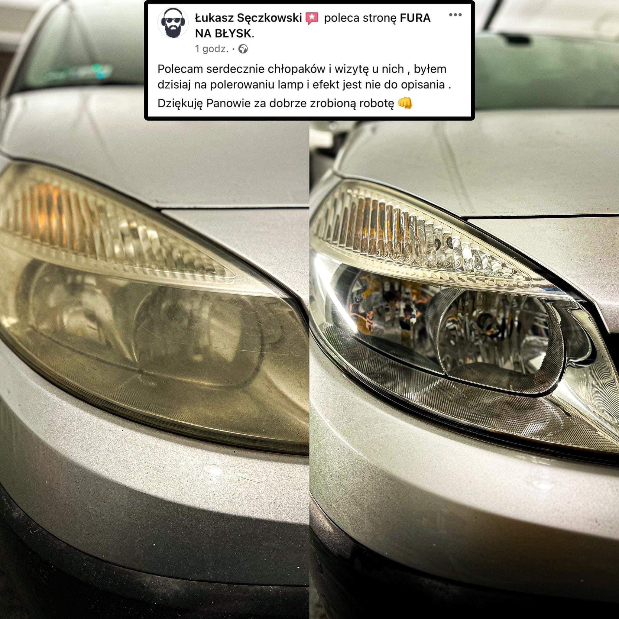 Polerowanie reflektora samochodowego: widoczna różnica przed i po zabiegu, reflektor po lewej stronie jest matowy i zżółkły, a po prawej stronie lśniący i przejrzysty. Lekko zabrudzony zderzak.