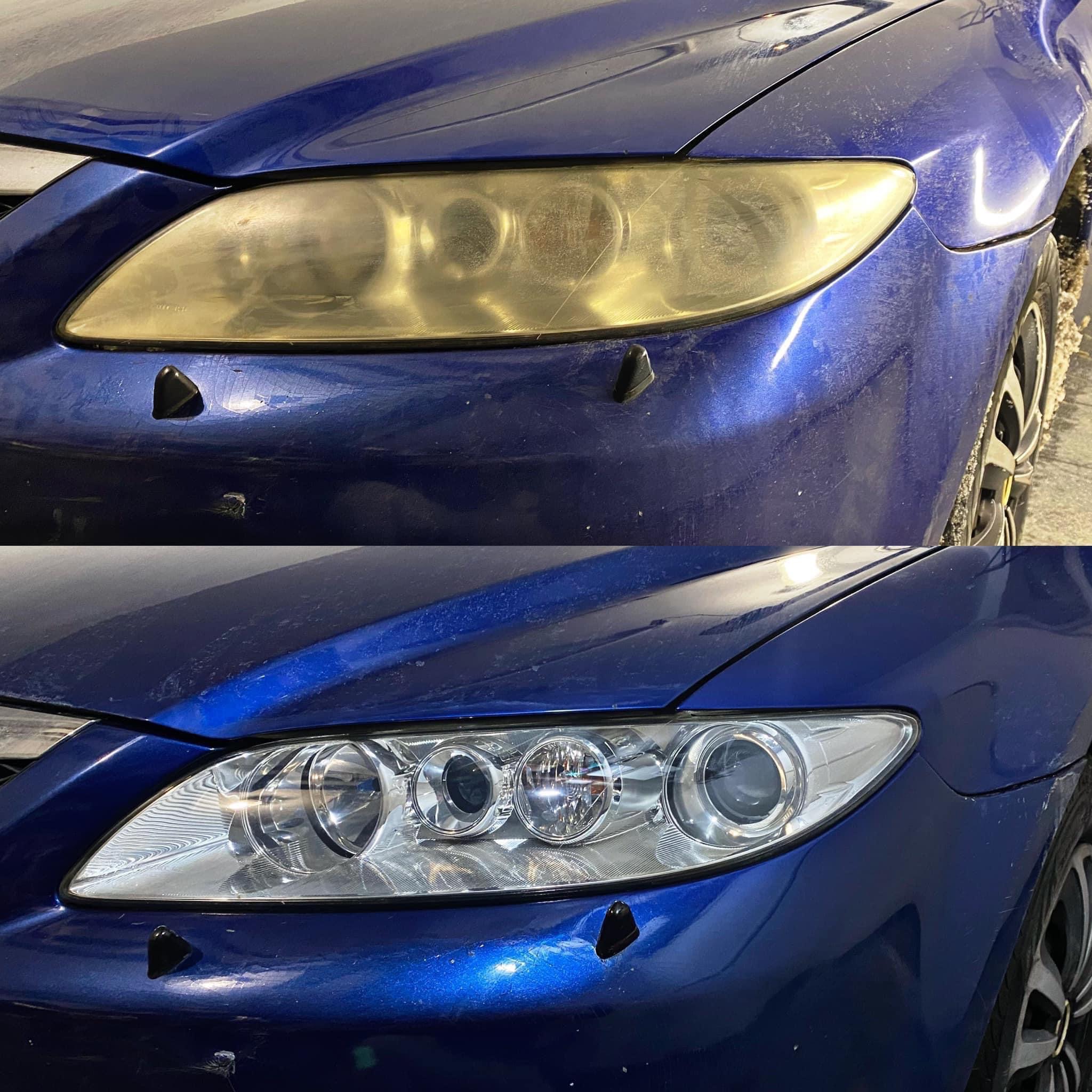 Zdjęcie przedstawia reflektor samochodu w dwóch stanach: przed i po renowacji, ukazując znaczną poprawę przejrzystości i jasności. Widoczne zabrudzenia na karoserii podkreślają kontrast między...