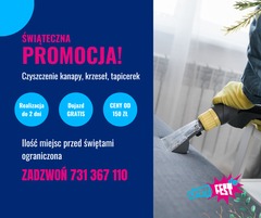 Świąteczna promocja w Tarnowskich Górach na czyszczenie kanap, krzeseł i tapicerki. Oferta obejmuje realizację w 2 dni i dojazd gratis. Ilość miejsc ograniczona. Na zdjęciu fragment czyszczonej...