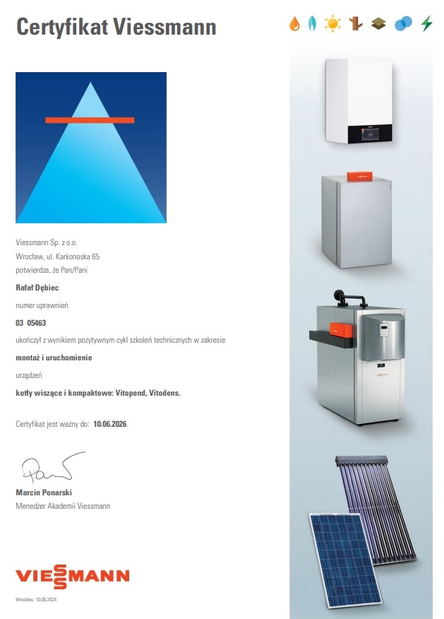 Certyfikat Viessmann potwierdzający uprawnienia do montażu i uruchomienia kotłów wiszących i kompaktowych Vitopend i Vitodens, obok wizualizacje różnych urządzeń grzewczych i solarnych.