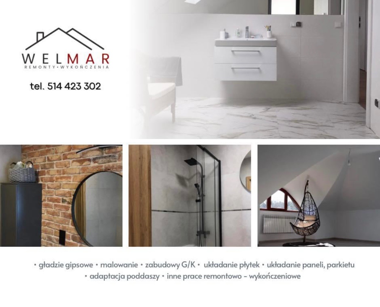 Kompozycja zdjęć zrealizowanych projektów firmy remontowo-wykończeniowej Welmar, prezentująca łazienkę z białą armaturą, ścianę z cegły z okrągłym lustrem, kabinę prysznicową oraz poddasze...
