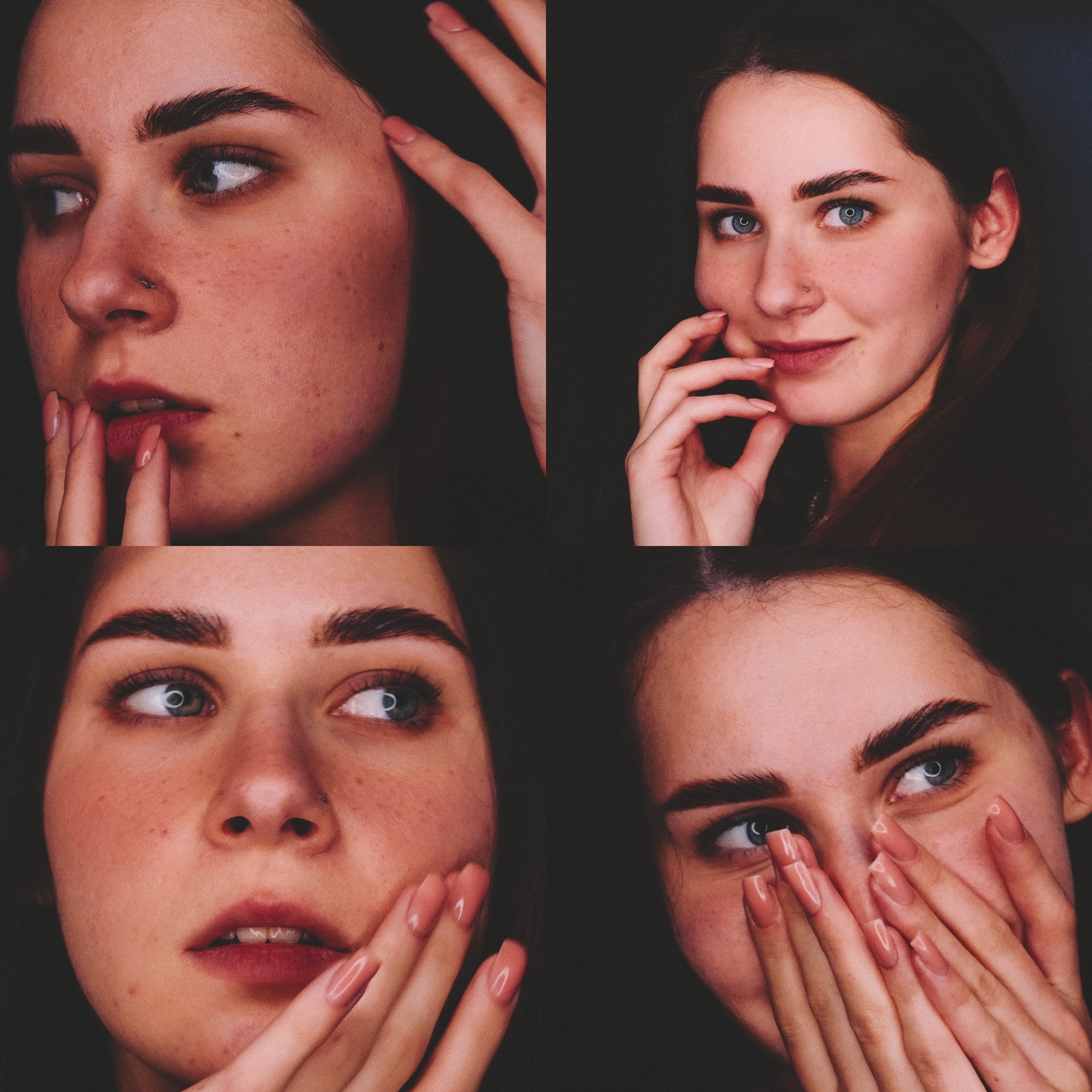 Portret młodej kobiety z różnymi ujęciami twarzy i dłońmi, z akcentem na makijaż i pielęgnację skóry.