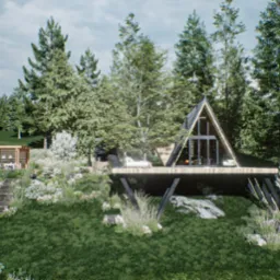 Wizualizacja nowoczesnego domu w kształcie litery A, umieszczonego na zboczu porośniętym zieloną trawą i otoczonego drzewami, z widoczną altaną na szczycie wzniesienia i elementami krajobrazu...