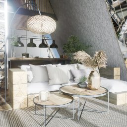 AQUAPROJEKT s.c - Nowoczesne wnętrze w stylu skandynawskim z surowym betonem, drewnianymi elementami i białymi tekstyliami. Sofa z drewnianych bali, okrągłe stoliki kawowe i lampa podłogowa z abażurem z wikliny...