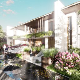 AQUAPROJEKT s.c - Wizualizacja nowoczesnego domu z elementami drewna i zieleni, z osobą ciągnącą walizkę w kierunku wejścia. Na pierwszym planie mokra ulica z kałużami odbijającymi niebo. Widoczne również dwa...