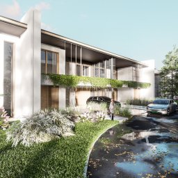 AQUAPROJEKT s.c - Wizualizacja nowoczesnego, dwukondygnacyjnego domu z płaskim dachem, dużymi oknami i zielenią na balkonie, z dwoma samochodami zaparkowanymi na podjeździe i osobami w otoczeniu.