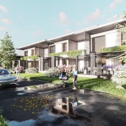 AQUAPROJEKT s.c - Wizualizacja szeregu nowoczesnych domów z płaskimi dachami, otoczonych zielenią, z widocznymi osobami i samochodem elektrycznym na mokrej drodze.