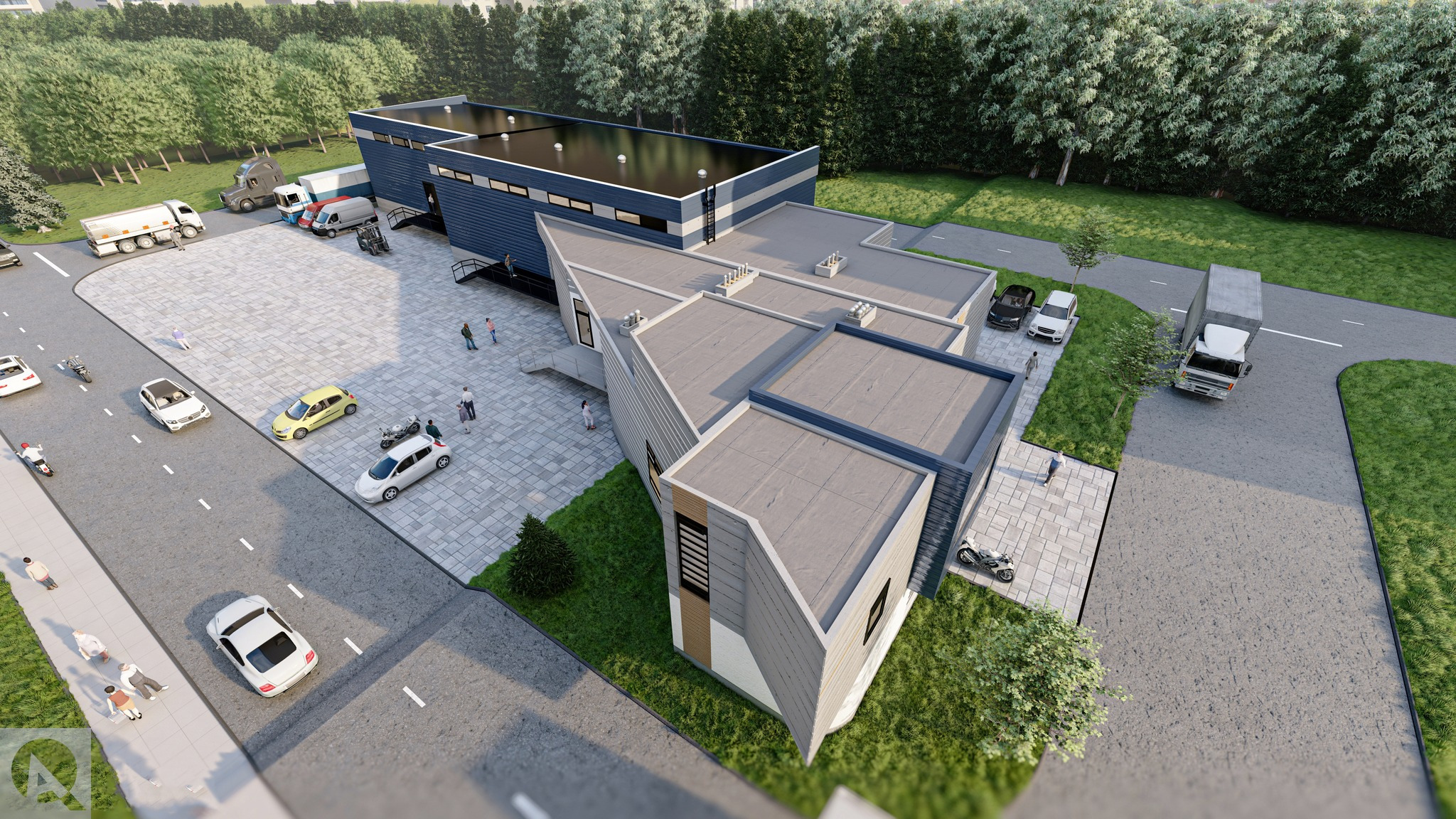 Wizualizacja z lotu ptaka nowoczesnego budynku usługowego z parkingiem, samochodami i zielenią, przedstawiająca elewację z szarej blachy trapezowej i niebieskich paneli, z widocznymi detalami...