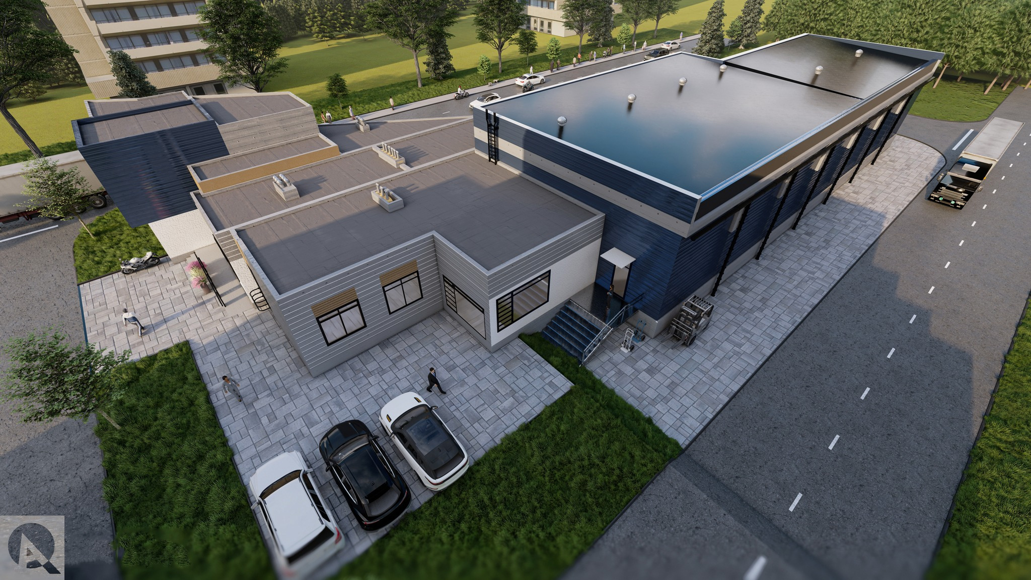 Wizualizacja z lotu ptaka budynku usługowego z parkingiem dla samochodów osobowych i dostawczych, otoczonego zielenią i chodnikami z kostki.