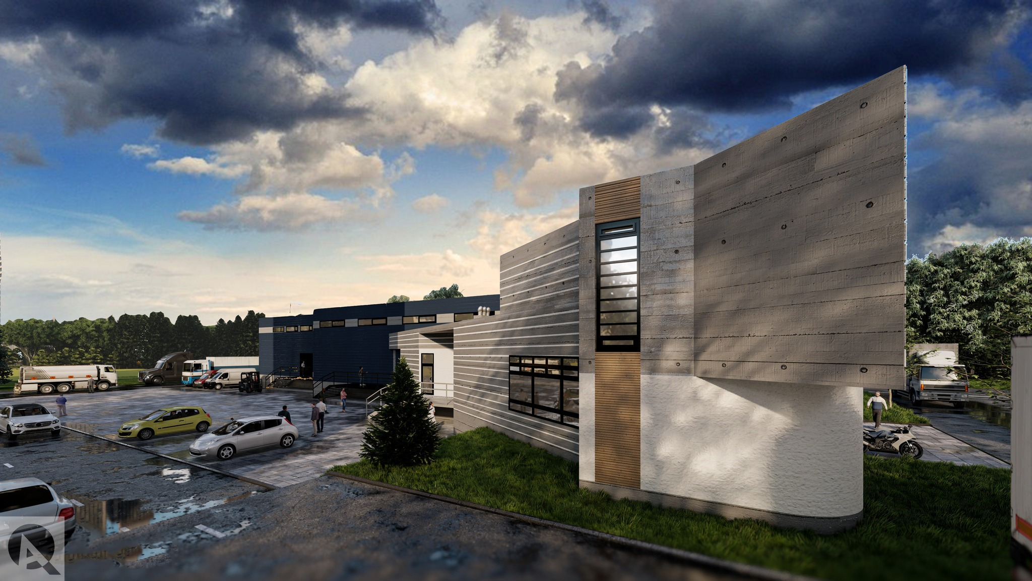 Wizualizacja budynku usługowego z elementami betonu architektonicznego i drewnianą elewacją, parking z samochodami i ciężarówkami w tle, pochmurne niebo.