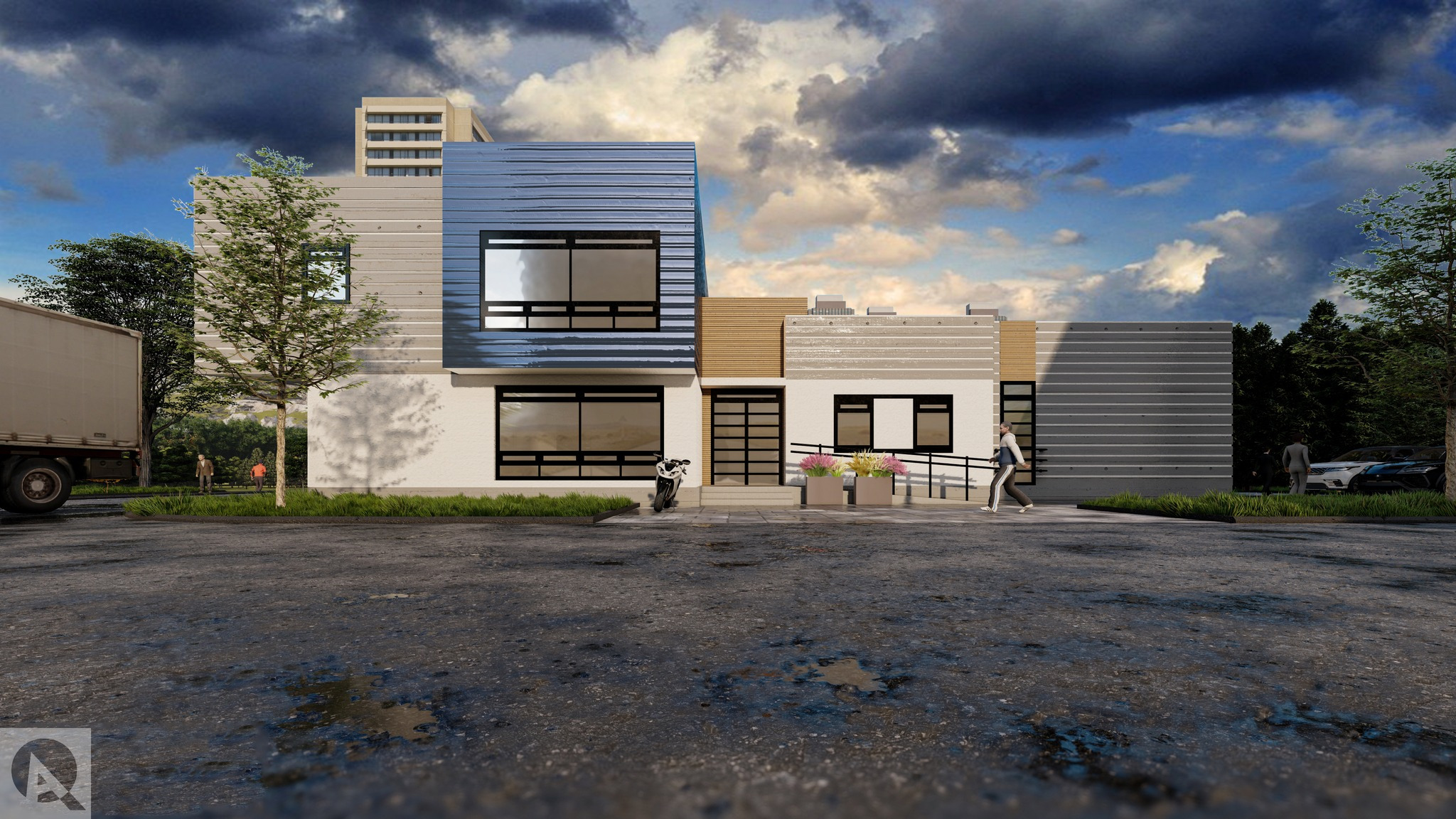 Wizualizacja budynku usługowego z elementami niebieskiej blachy falistej, drewna i betonu, z rampą dla niepełnosprawnych, motocyklem zaparkowanym przed wejściem i osobami w tle.