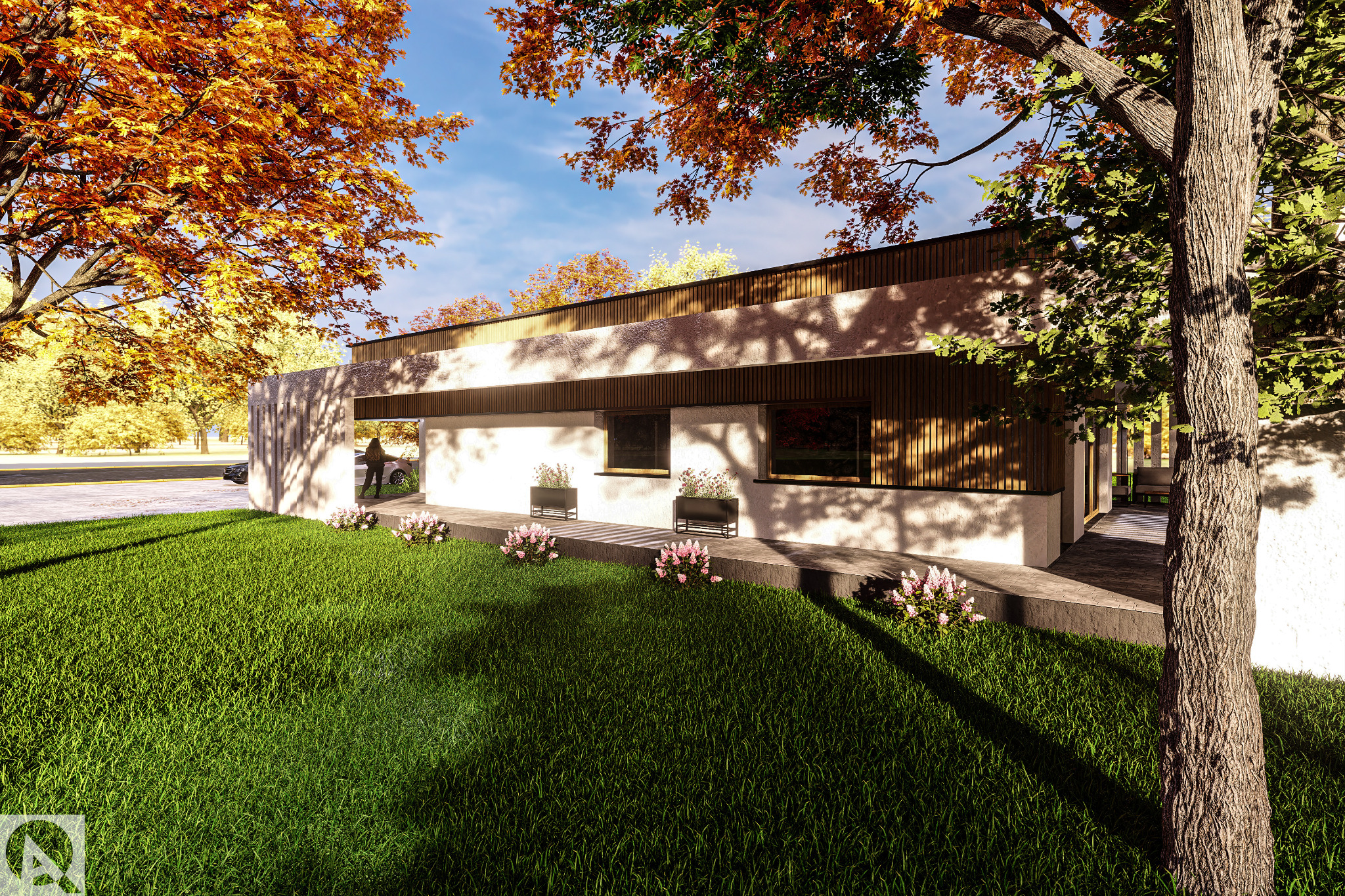 Wizualizacja nowoczesnego domu jednorodzinnego z płaskim dachem, drewnianą elewacją i bujnym trawnikiem z kwitnącymi rabatami, jesienne drzewa w tle.