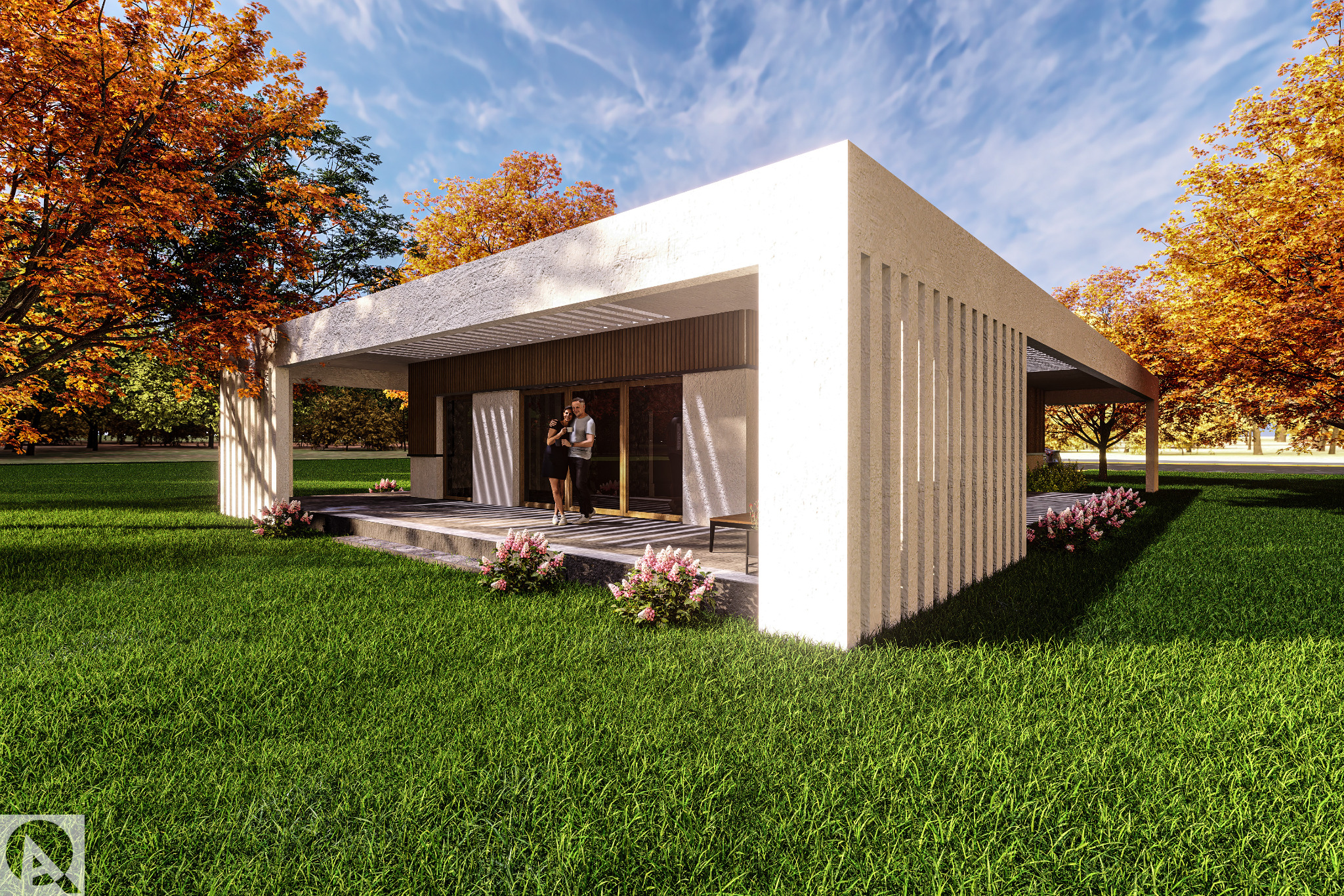 Wizualizacja parterowego domu z płaskim dachem i minimalistyczną bryłą, otoczonego zielonym trawnikiem i drzewami w jesiennych barwach. Na tarasie stoi para.