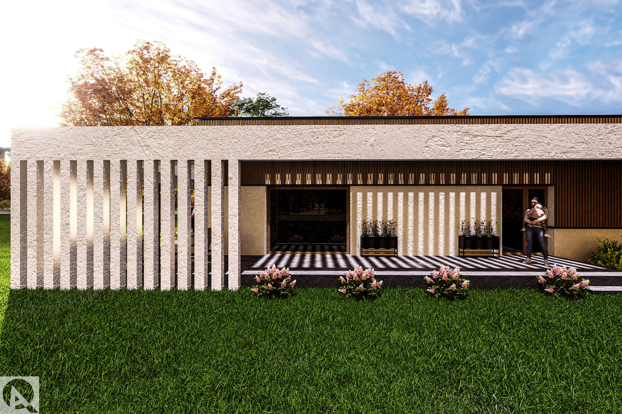 Wizualizacja nowoczesnego domu jednorodzinnego z elewacją o fakturze tynku, pionowymi przesłonami i roślinnością na pierwszym planie, z osobą trzymającą dziecko na tarasie.