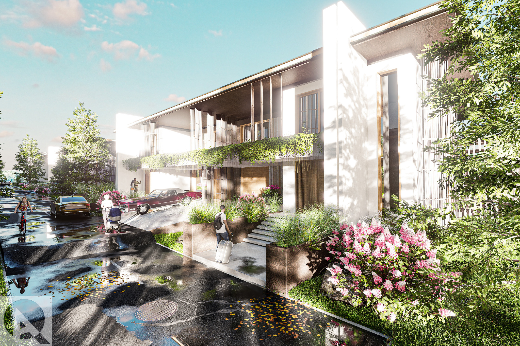 Wizualizacja nowoczesnego domu z elementami drewna i zieleni, z osobą ciągnącą walizkę w kierunku wejścia. Na pierwszym planie mokra ulica z kałużami odbijającymi niebo. Widoczne również dwa...