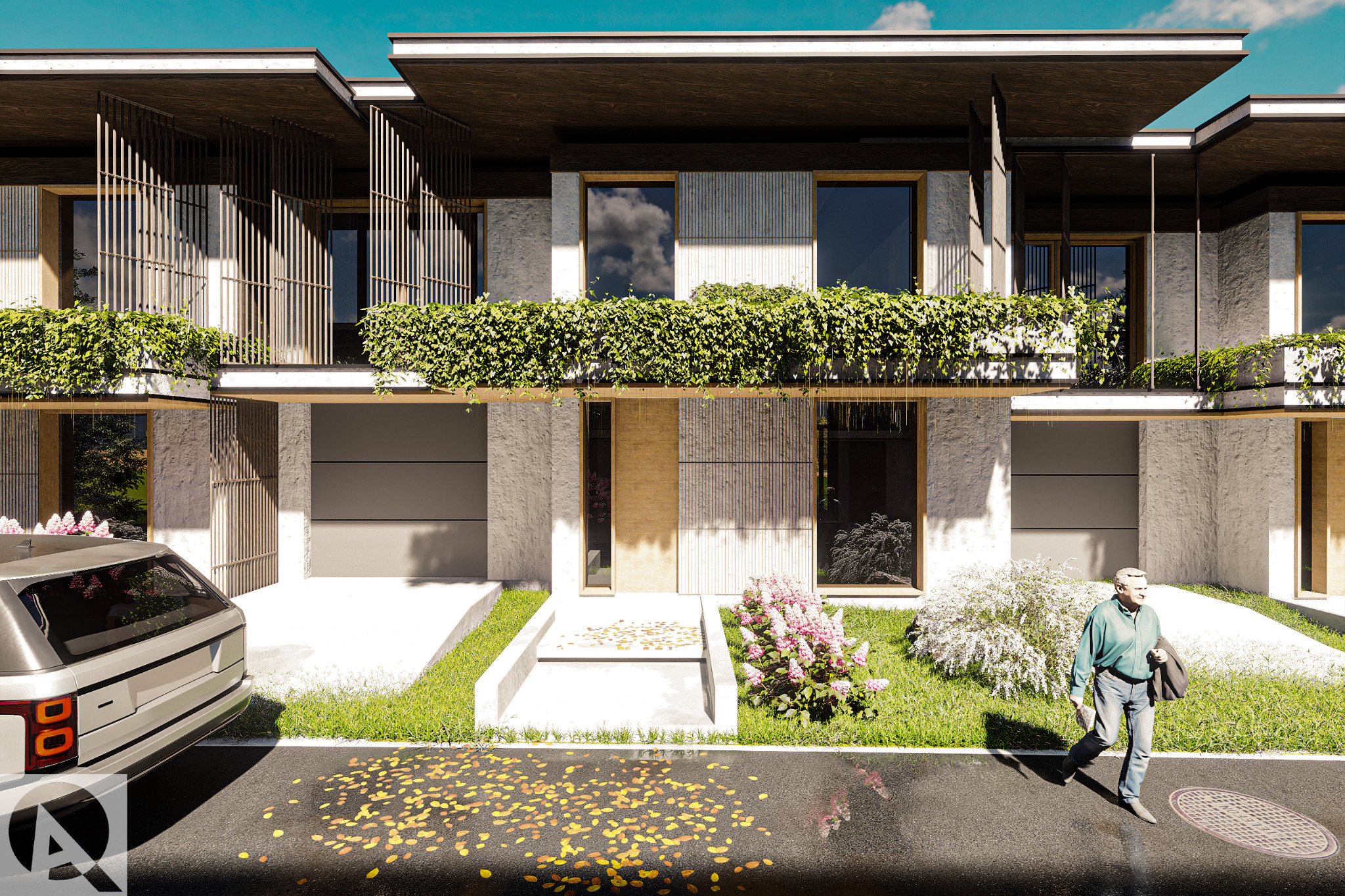 Wizualizacja szeregu nowoczesnych domów z płaskimi dachami, porośniętymi zielenią balkonami i elementami drewnianymi, z samochodem i przechodzącym mężczyzną na pierwszym planie, oraz opadłymi...