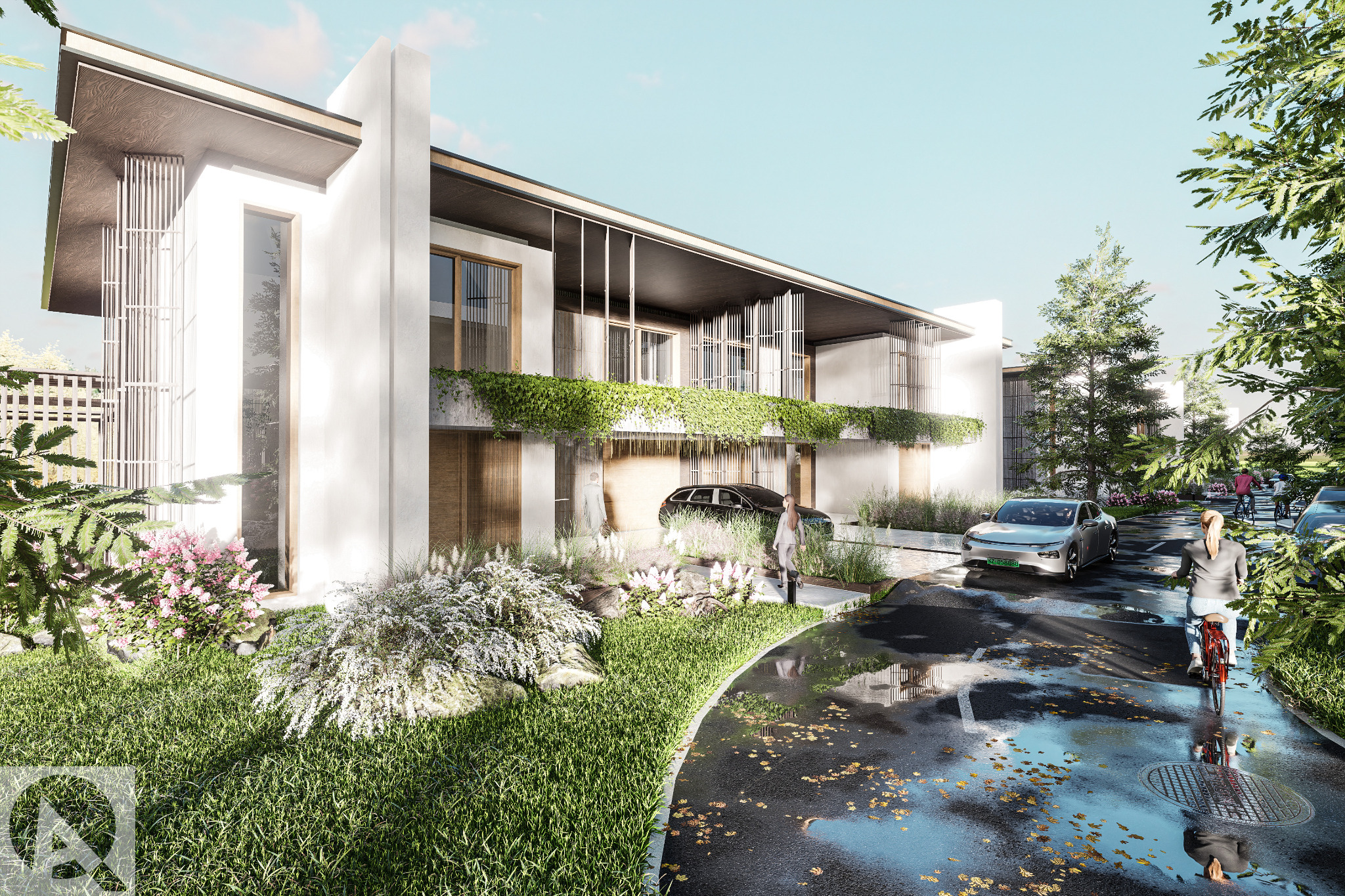 Wizualizacja nowoczesnego, dwukondygnacyjnego domu z płaskim dachem, dużymi oknami i zielenią na balkonie, z dwoma samochodami zaparkowanymi na podjeździe i osobami w otoczeniu.