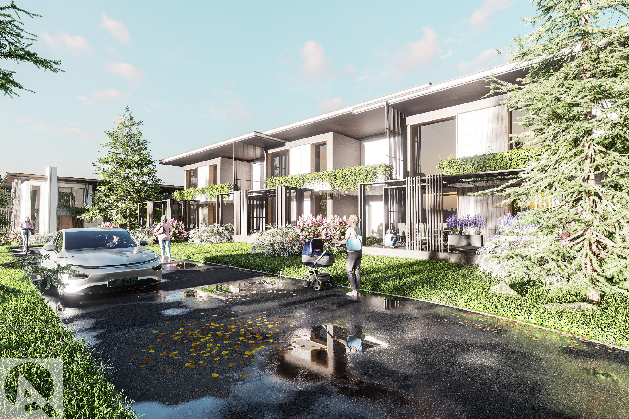Wizualizacja szeregu nowoczesnych domów z płaskimi dachami, otoczonych zielenią, z widocznymi osobami i samochodem elektrycznym na mokrej drodze.