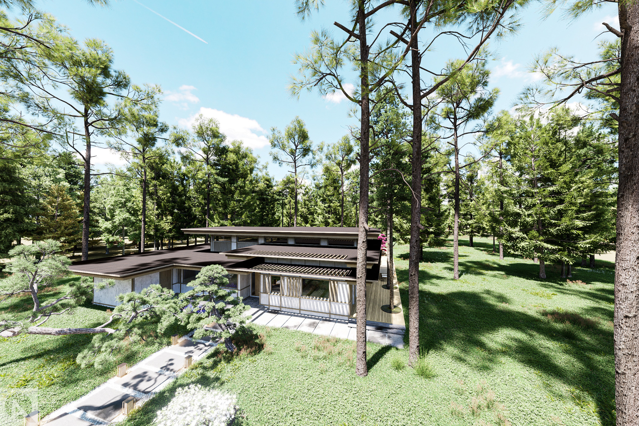 Wizualizacja nowoczesnego domu jednorodzinnego z płaskim dachem, otoczonego lasem i ozdobnym ogrodem z ścieżką wyłożoną kamieniem, widok z lotu ptaka, ślad samolotu na błękitnym niebie w tle.