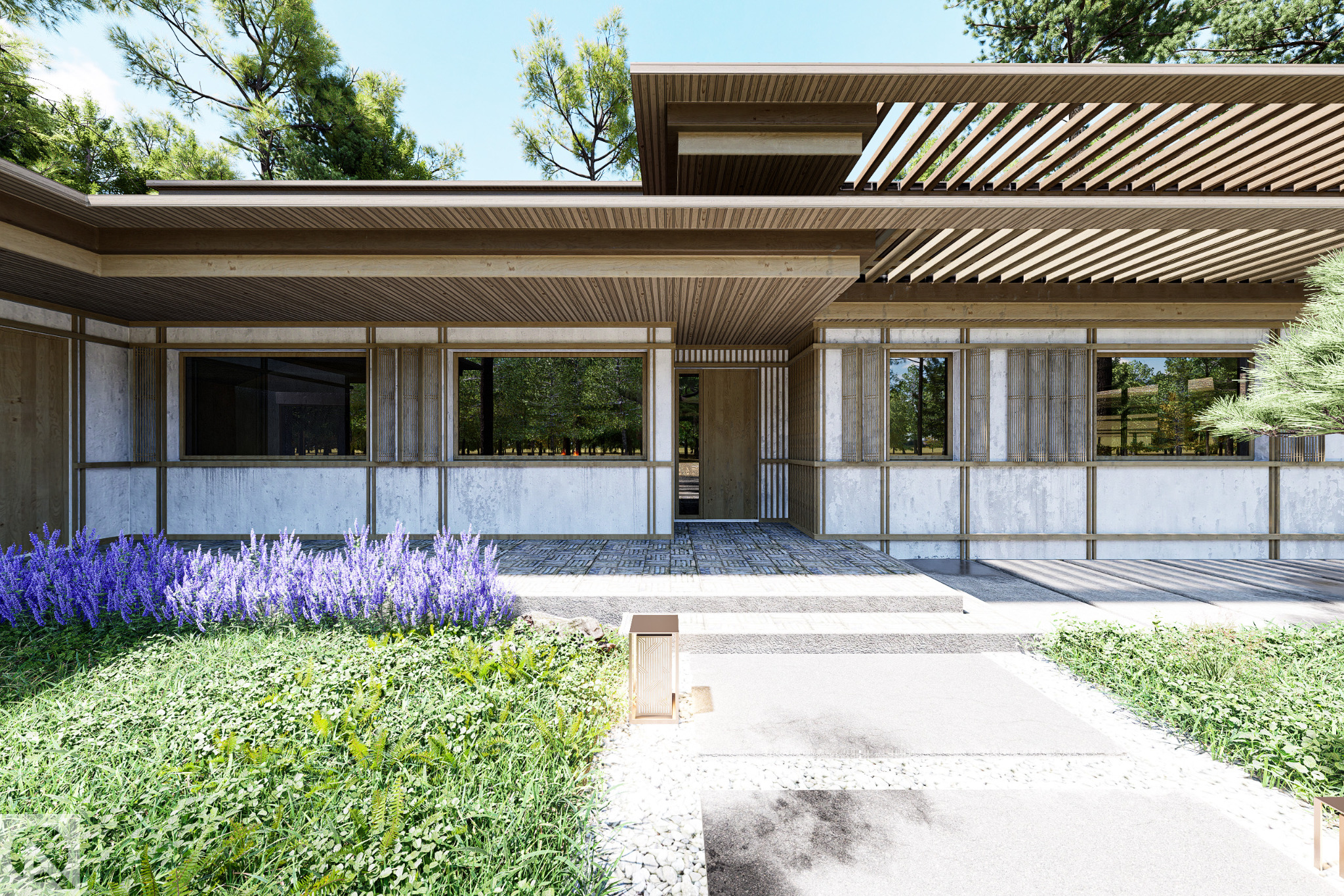 Wizualizacja domu w stylu japońskim z płaskim dachem, drewnianymi elementami i minimalistycznym ogrodem z lawendą i kamienną ścieżką.