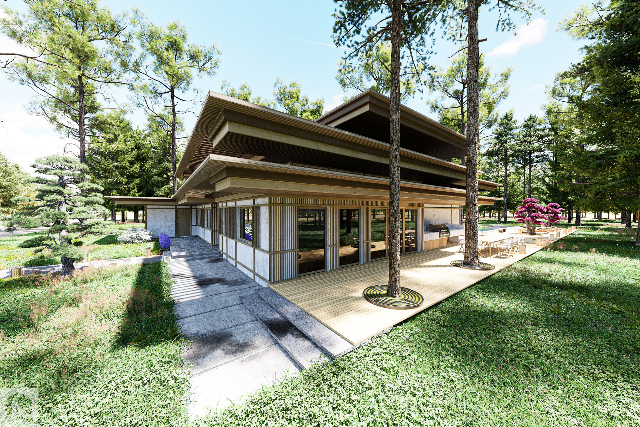 Wizualizacja domu w stylu japońskim z płaskim dachem, drewnianą elewacją, tarasem z grillem i drzewami rosnącymi przez podłogę, otoczonego bujną zielenią i drzewami.