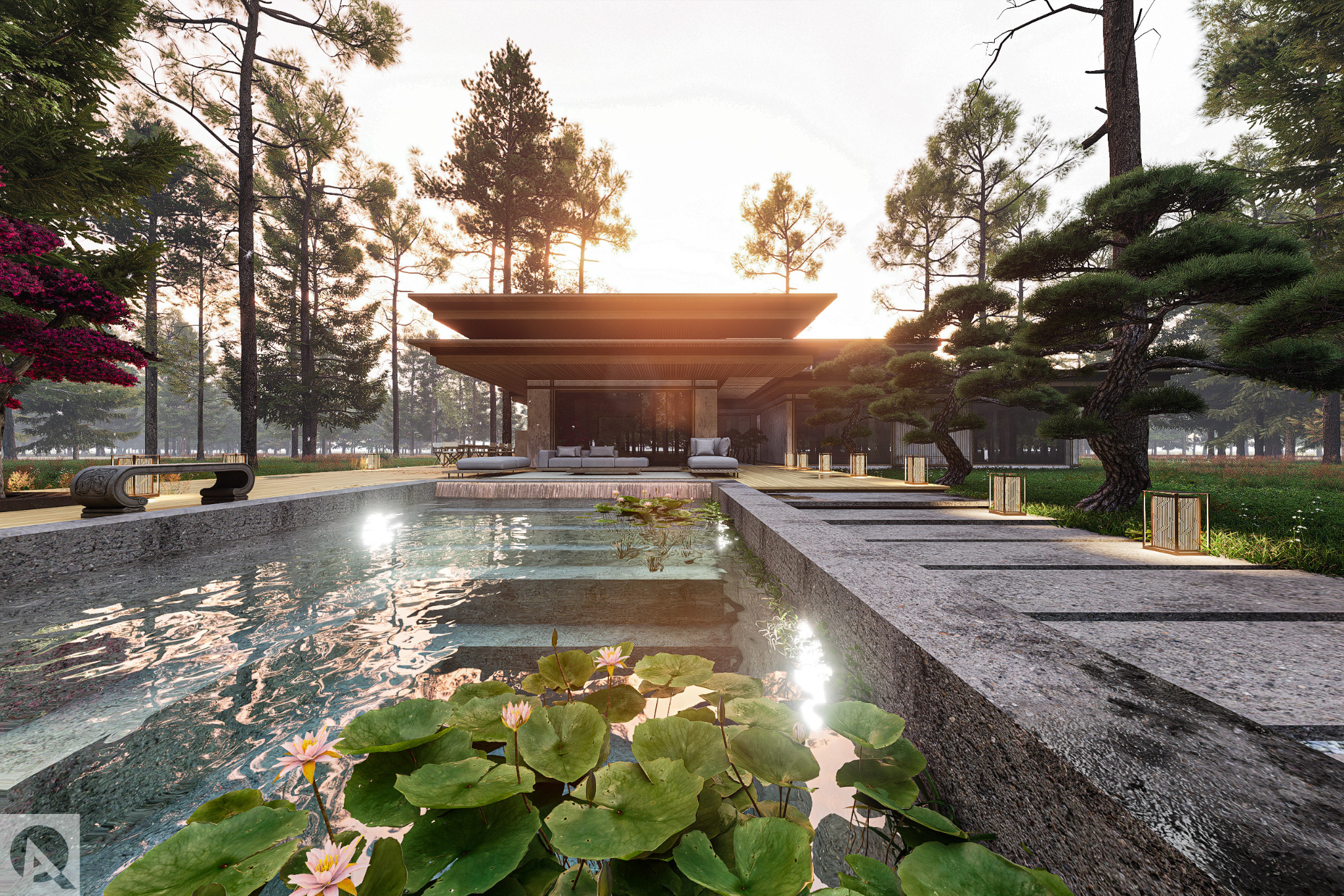 Wizualizacja nowoczesnego domu z płaskim dachem, dużymi przeszkleniami i stawem z liliami wodnymi na pierwszym planie; oświetlenie zewnętrzne w formie ażurowych lampionów; widok na las w tle.