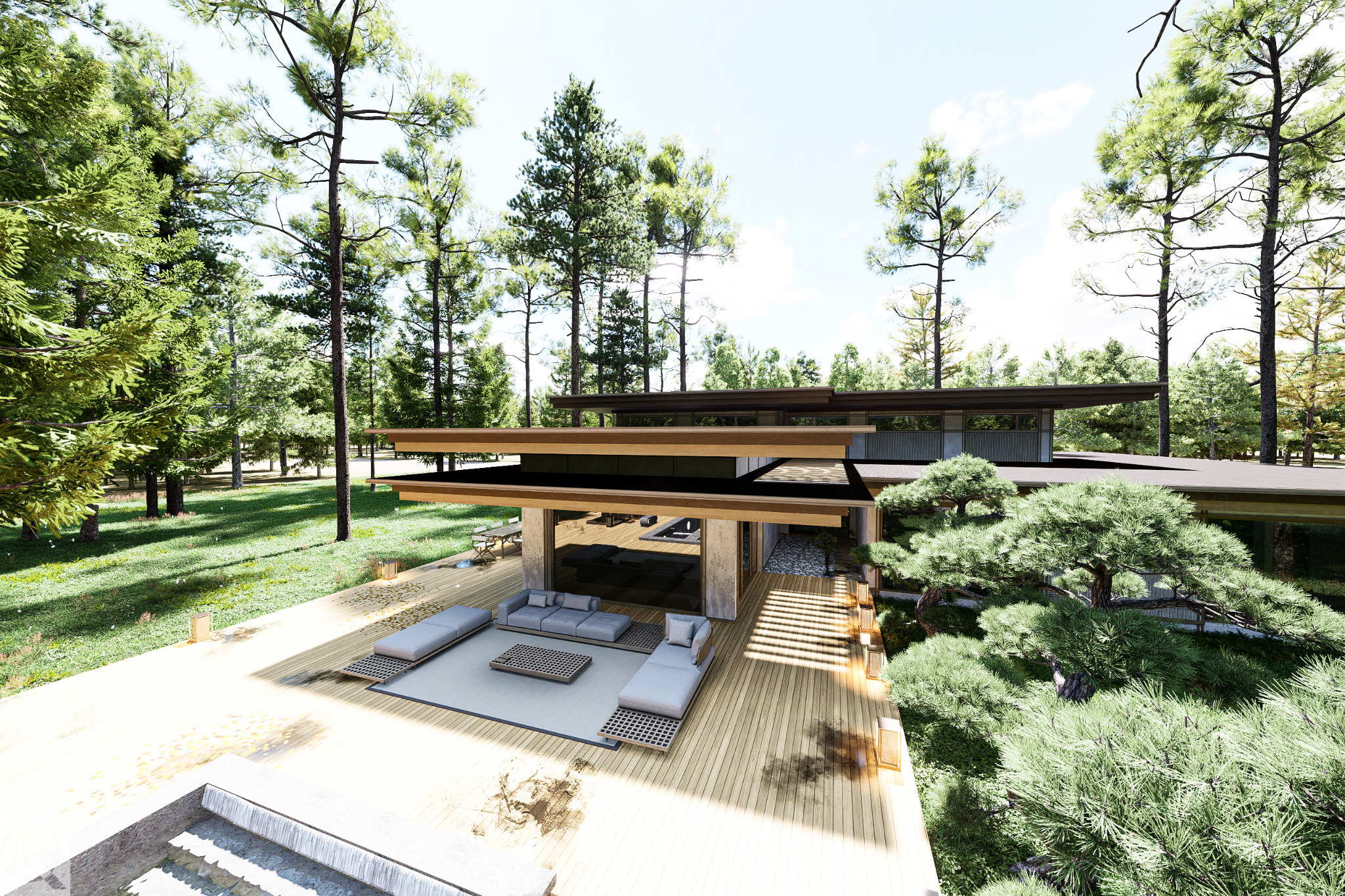 Wizualizacja domu z płaskim dachem i tarasem z meblami wypoczynkowymi, otoczonego zielenią i wysokimi drzewami, z elementami wodnymi w tle.