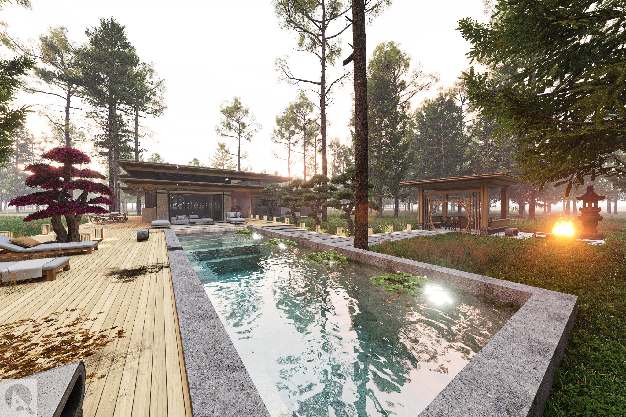Wizualizacja domu jednorodzinnego z basenem i elementami architektury japońskiej w Łodzi, z widoczną altaną i płonącym ogniskiem w tle.