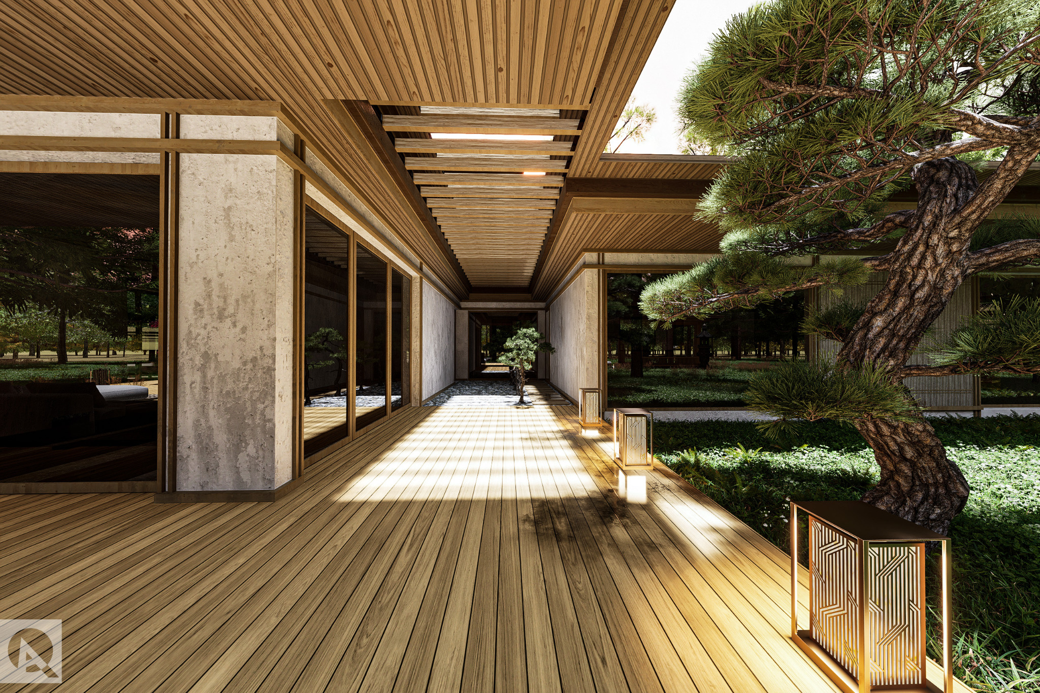 Wizualizacja zadaszonego tarasu z drewnianą podłogą i ażurowym sufitem, z widokiem na ogród z bonsai i dekoracyjnymi lampionami.