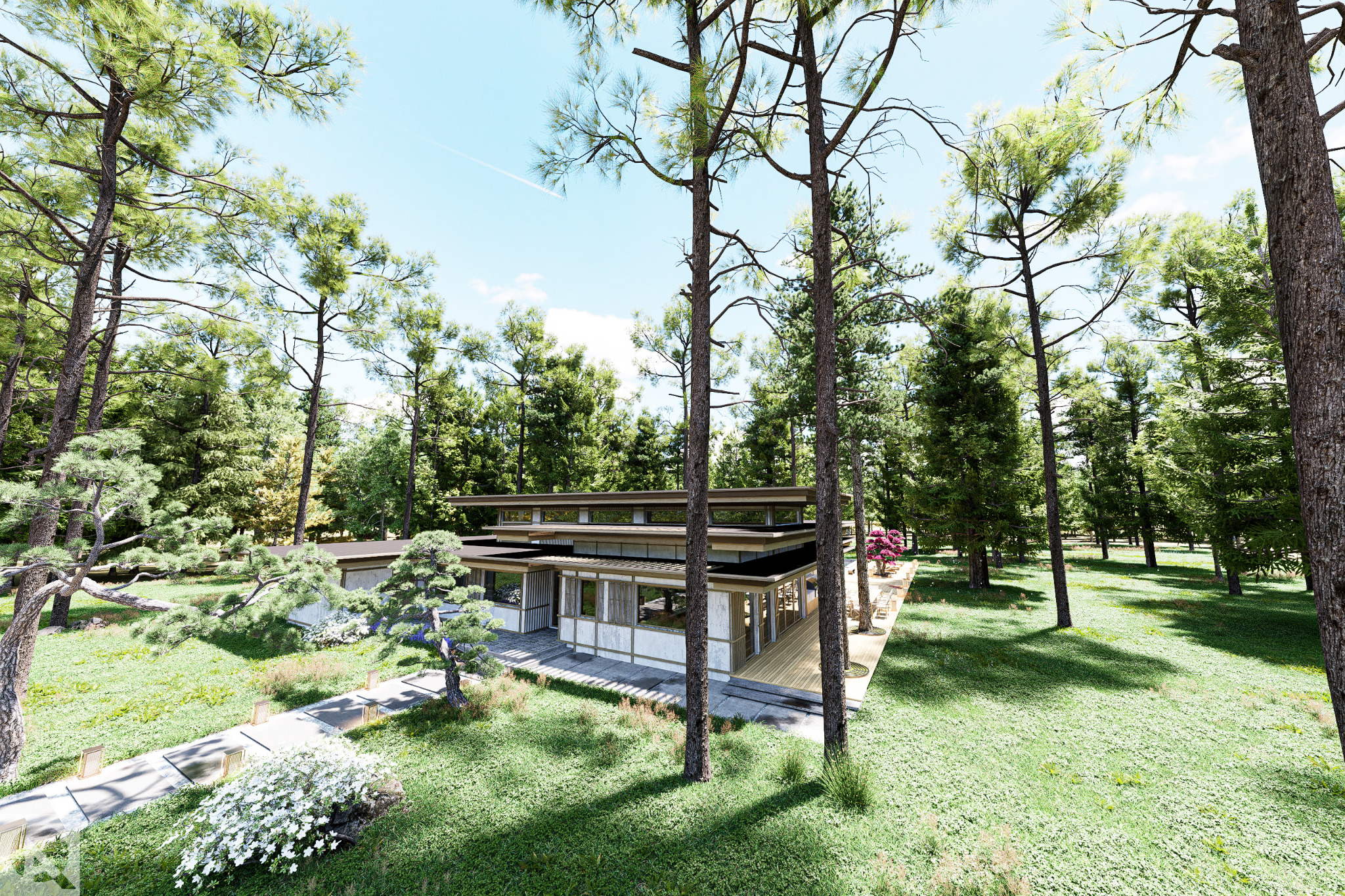 Wizualizacja nowoczesnego domu z płaskim dachem, otoczonego lasem i ogrodem z kamienną ścieżką oraz ozdobnymi krzewami.