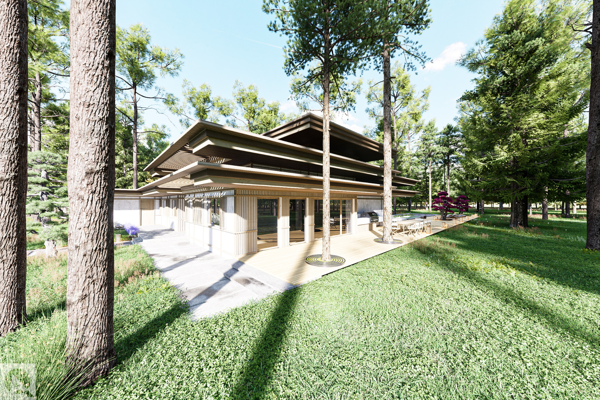 Nowoczesny dom z płaskim dachem w stylu japońskim, otoczony lasem, z drewnianym tarasem i meblami ogrodowymi.