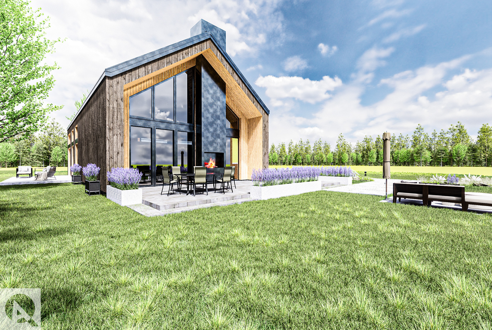 Wizualizacja nowoczesnego domu z drewnianą elewacją, dużymi oknami i tarasem z paleniskiem, otoczonego trawnikiem i rabatami z lawendy.