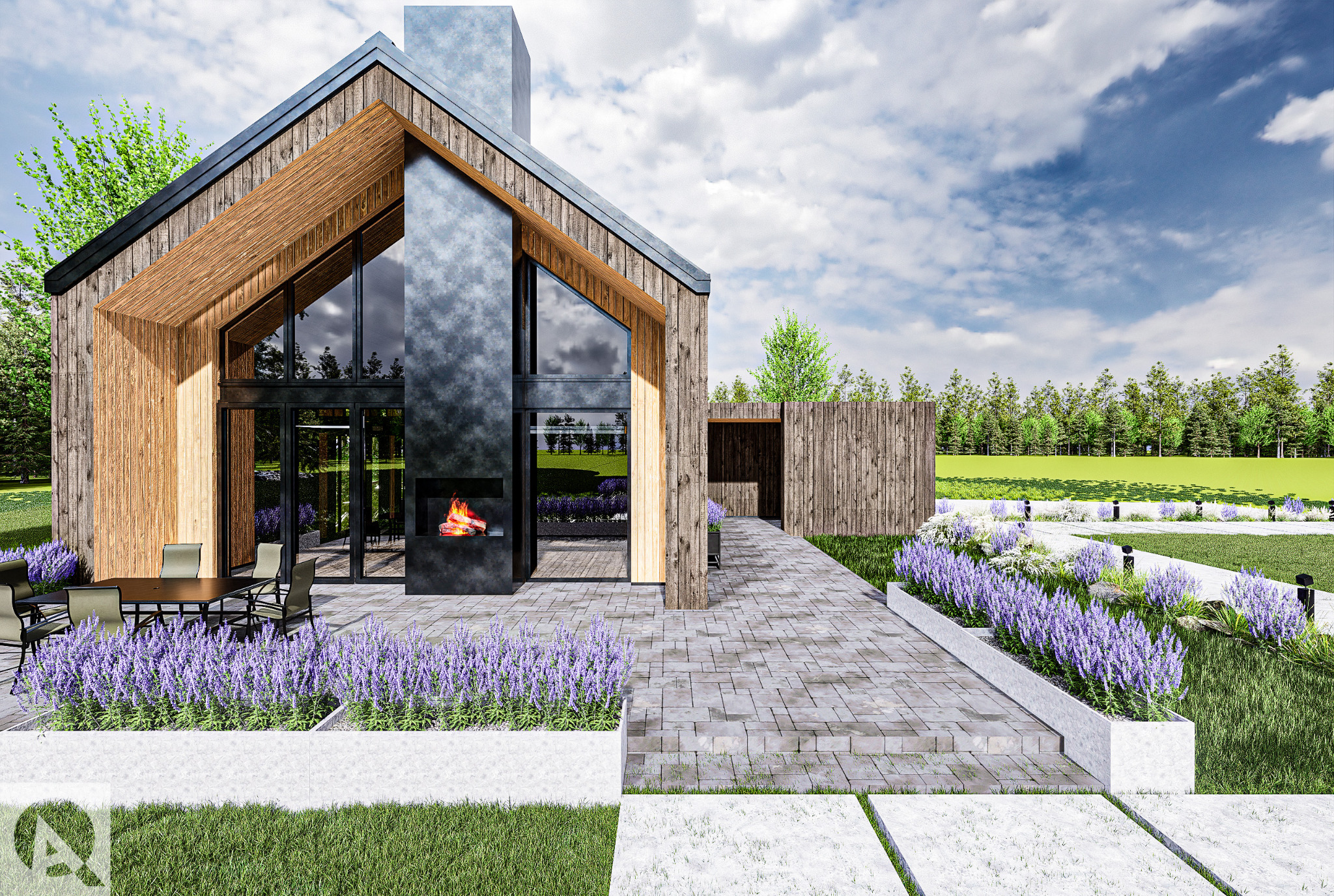 Wizualizacja nowoczesnego domu z drewnianą elewacją, dużymi przeszkleniami i zewnętrznym kominkiem, otoczony ogrodem z lawendą i kamienną ścieżką.