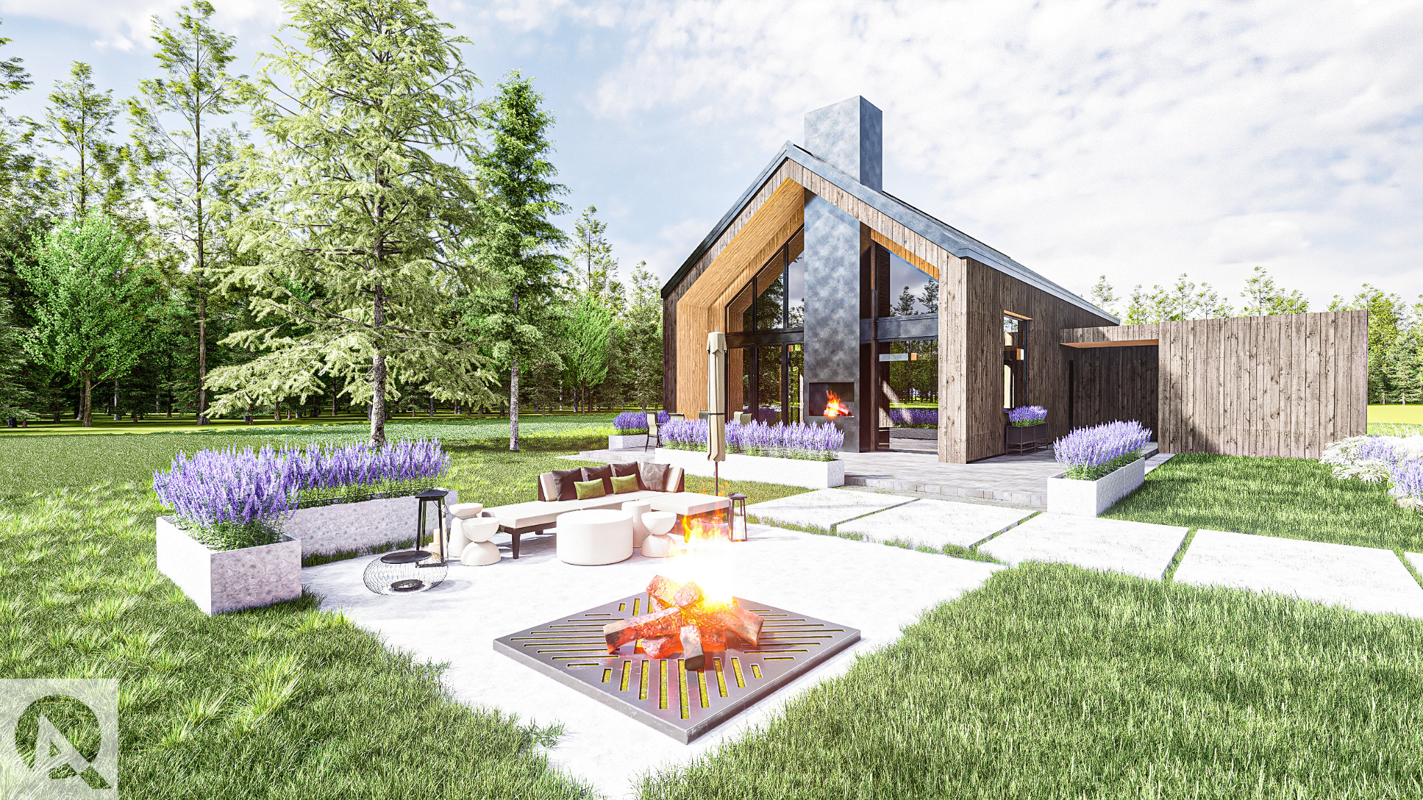 Wizualizacja nowoczesnego domu jednorodzinnego z drewnianą elewacją, dużymi przeszkleniami i kominkiem zewnętrznym, otoczonego zielonym ogrodem z lawendą w donicach i meblami wypoczynkowymi.