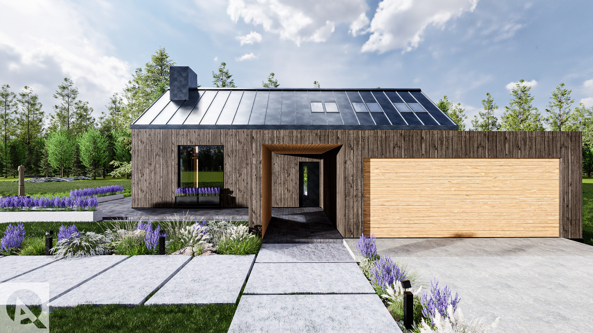 Wizualizacja nowoczesnego domu jednorodzinnego z ciemnego drewna z metalowym dachem i drewnianą bramą garażową, otoczonego kwitnącymi rabatami i ścieżką z betonowych płyt.