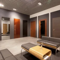 Wnętrze salonu z ekspozycją różnych modeli drzwi wewnętrznych w odcieniach brązu, ustawionych w ciemnoszarych wnękach, z nowoczesnymi ławkami dla klientów i dekoracyjnym wazonem z suchymi gałązkami.