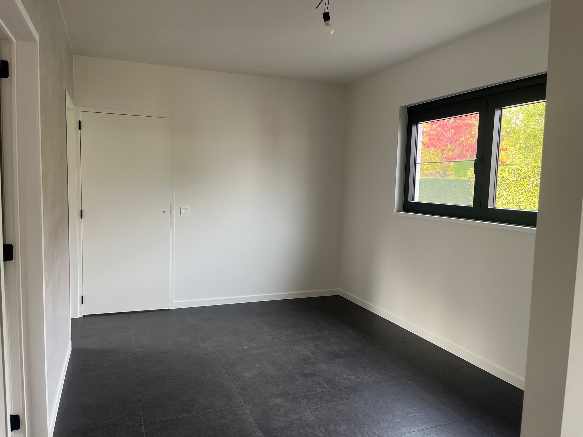 Pusty pokój z czarną podłogą, białymi ścianami, białymi drzwiami i oknem z czarną ramą, przez które widać jesienne drzewa.